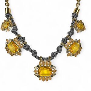 Ann Taylor Necklace Large Yellow Rhinestones Gray Twisted Satin Rope Gold Tone